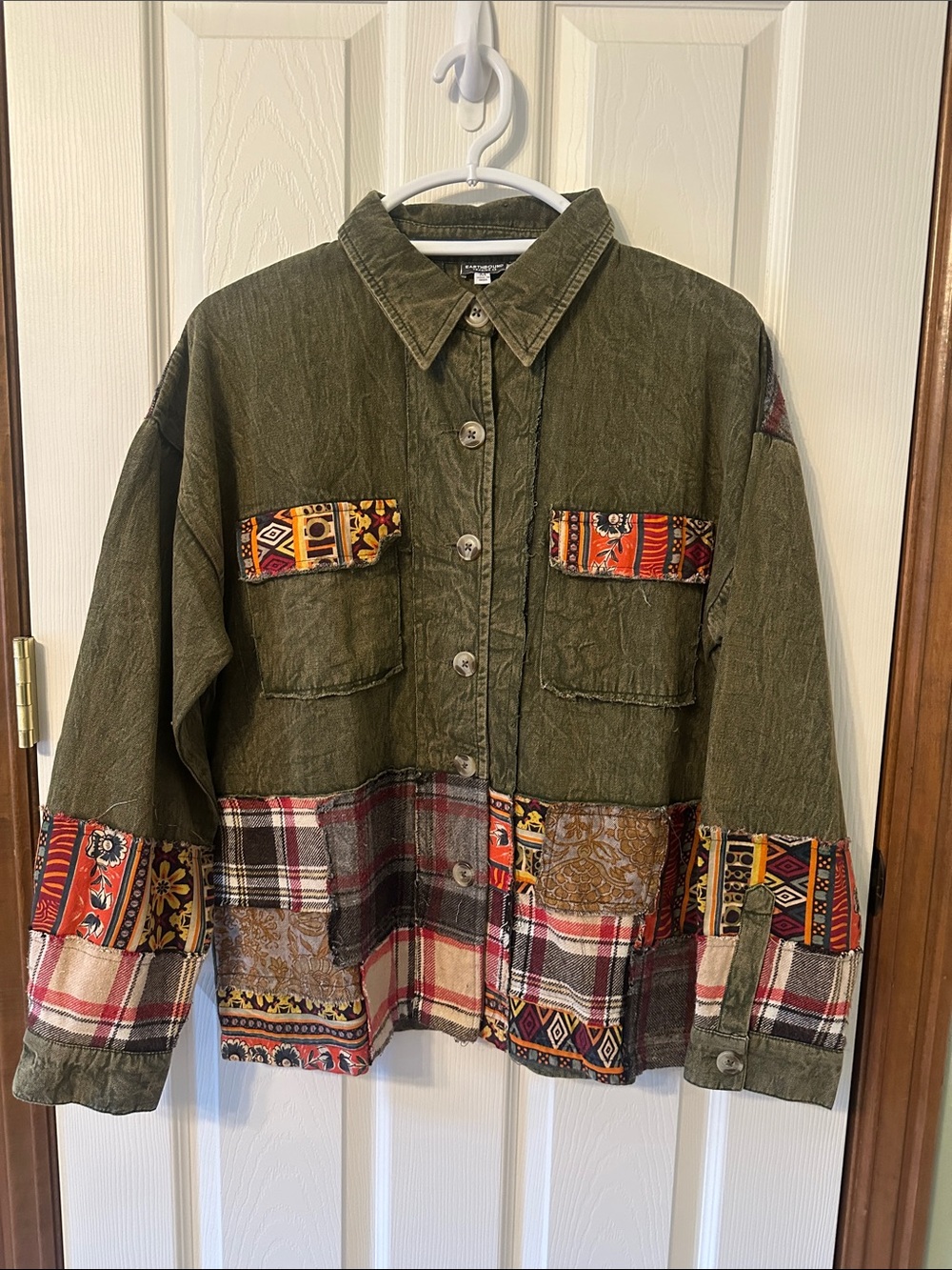 EARTHBOUND Olive Patchwork Utility Jacket with Multicolor Accents